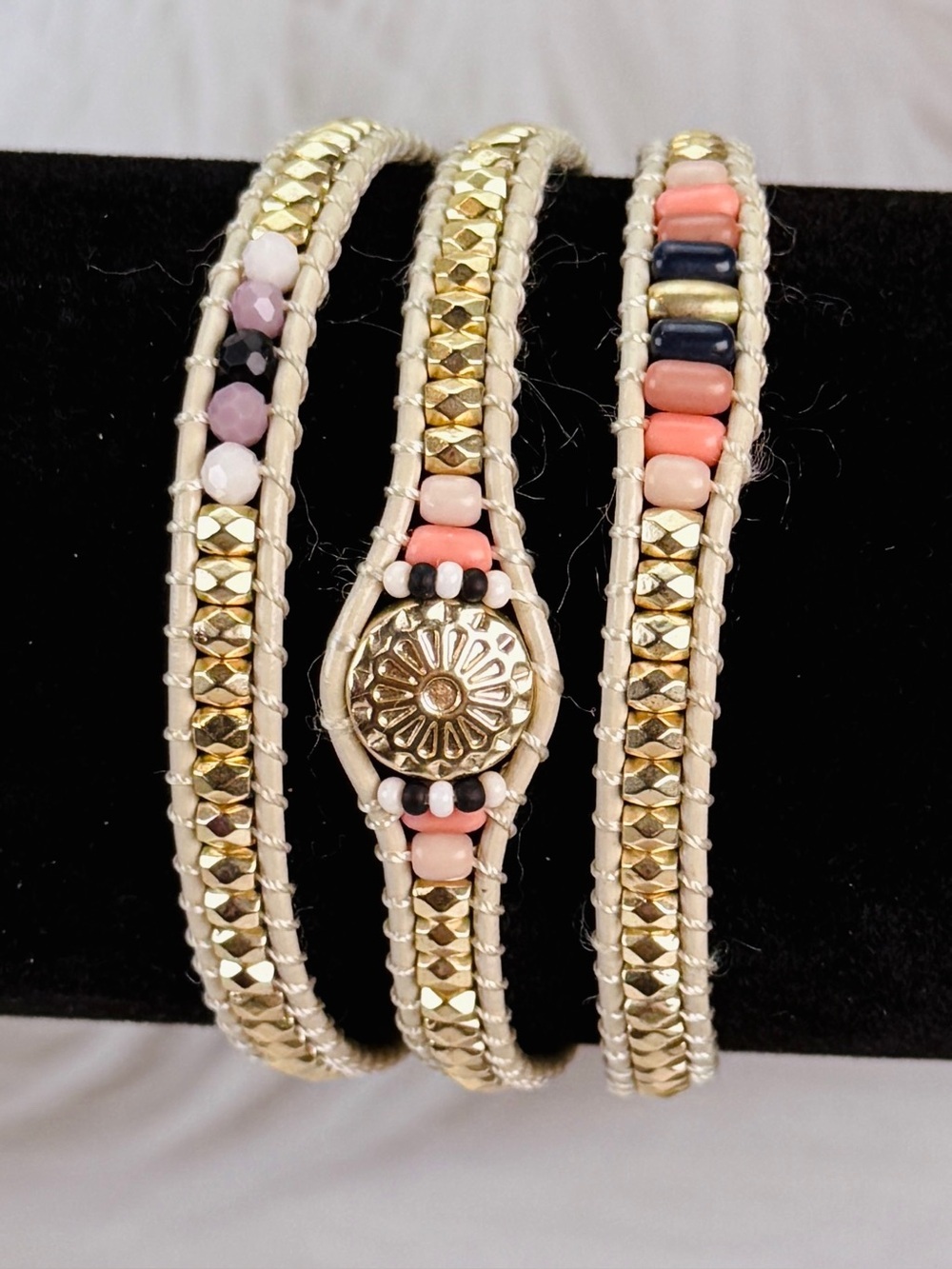 Vintage Gold Tone Wrap Bracelet Multicolor Beaded Boho Layered Style